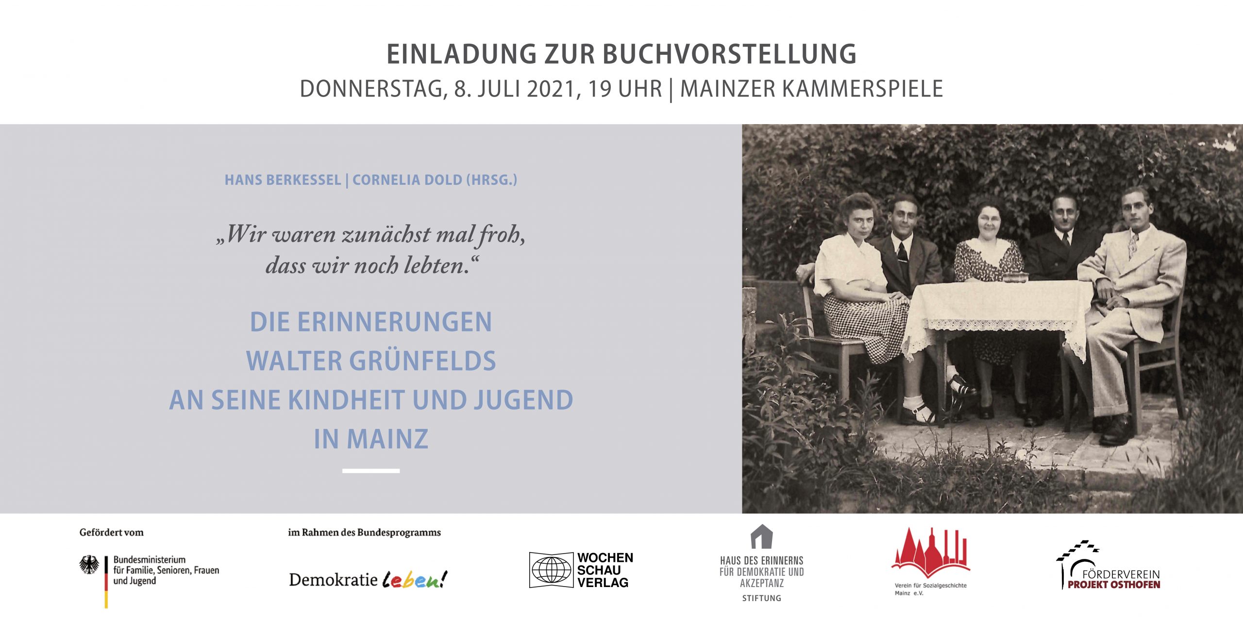 Einladung zur Buchvorstellung „Die Erinnerungen Walter Grünfelds an seine Kindheit und Jugend in Mainz“ (HDE/Mainz, 08. Juli 2021)