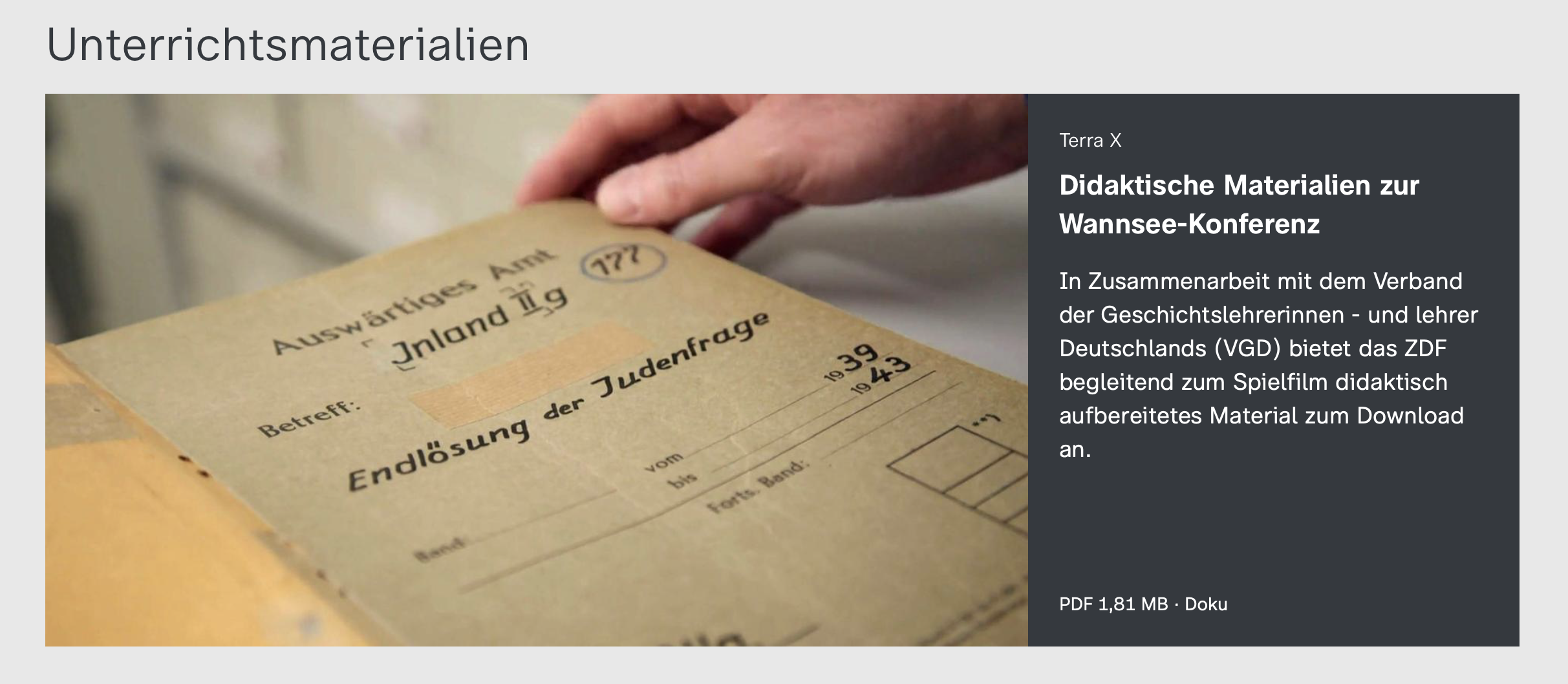 Die Wannsee-Konferenz – Hinweis auf den ZDF-Film und vom VGD konzipierte, didaktische Begleitmaterialien
