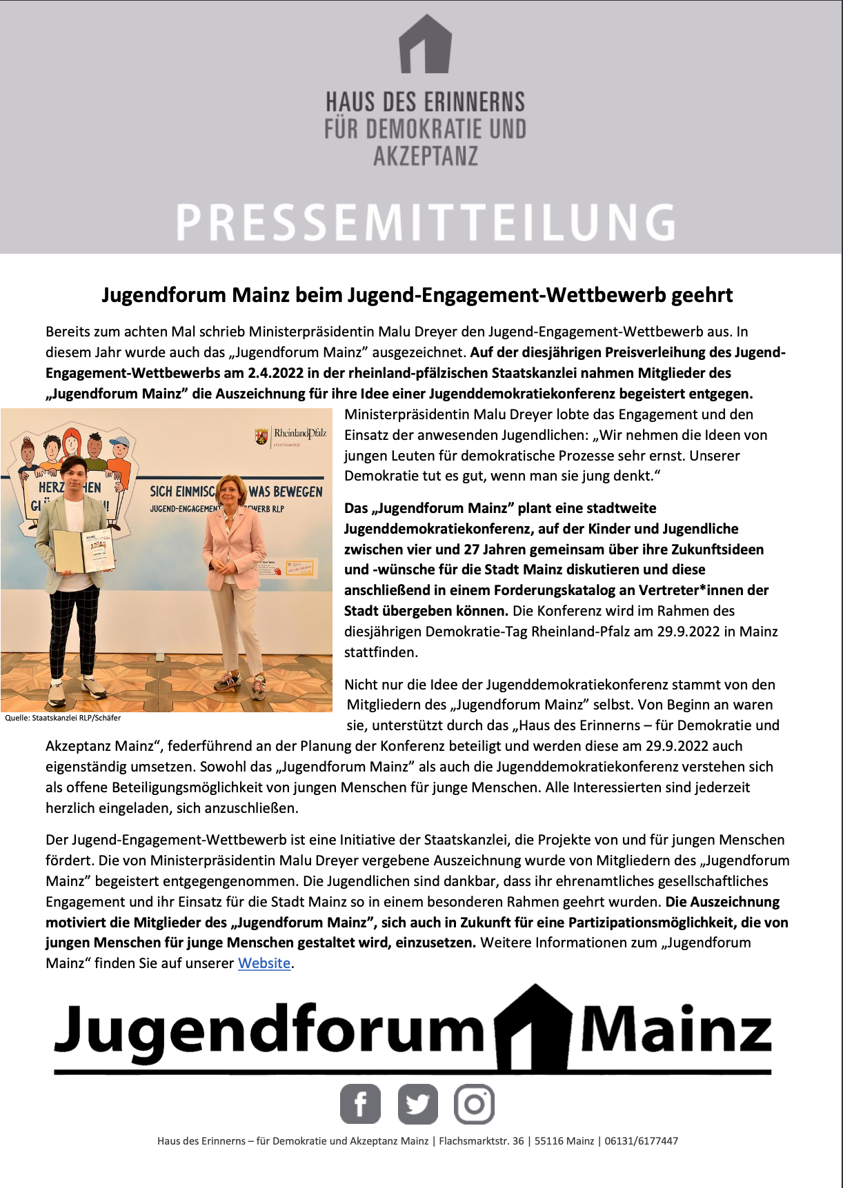 Jugendforum Mainz beim Jugend-Engagement-Wettbewerb von Ministerpräsidentin geehrt